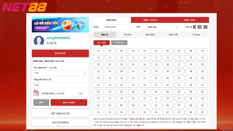 Hướng dẫn đặt cược lô đề Net88