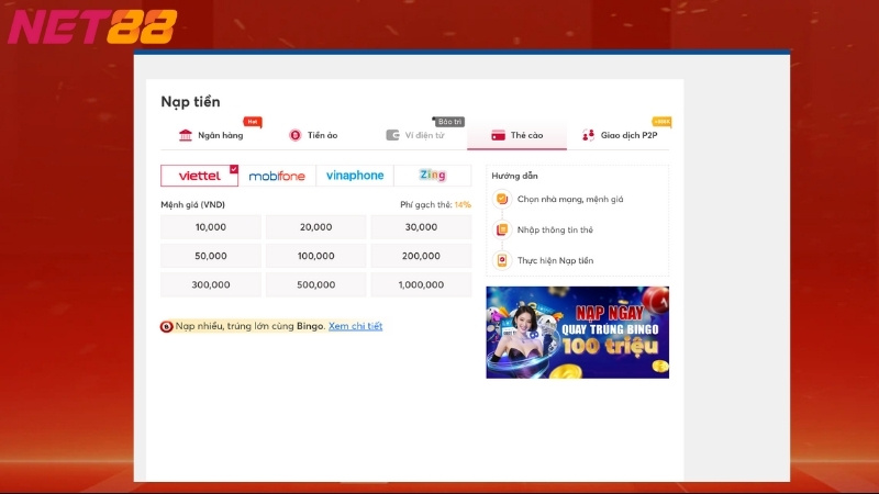 Hướng dẫn nạp tiền Net88