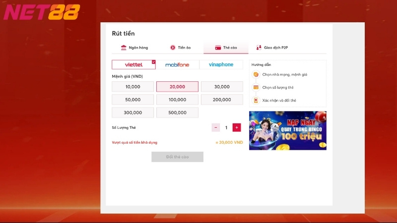 Hướng dẫn rút tiền Net88