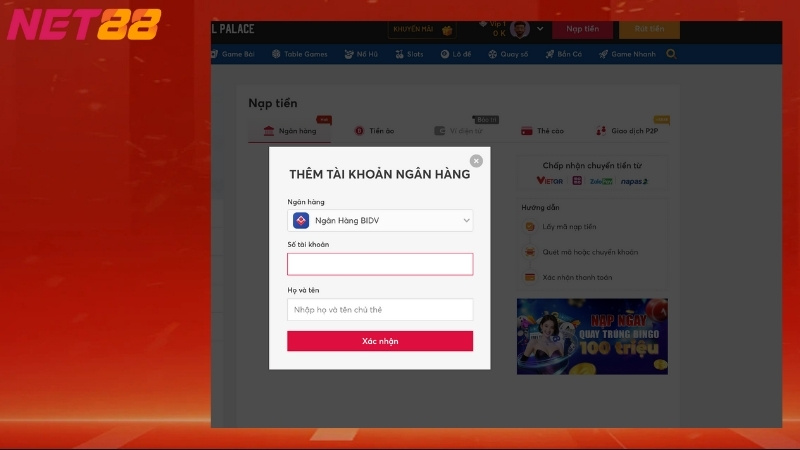 Liên kết ngân hàng để nạp tiền Net88